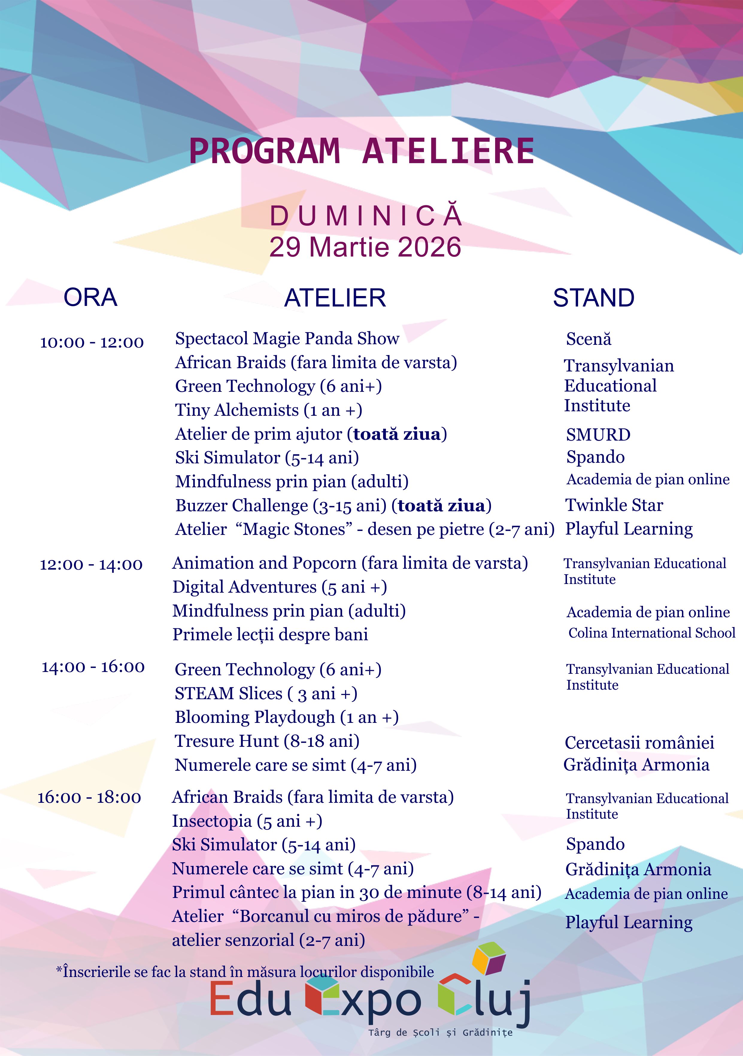 Program Ateliere - Duminica 29 Martie