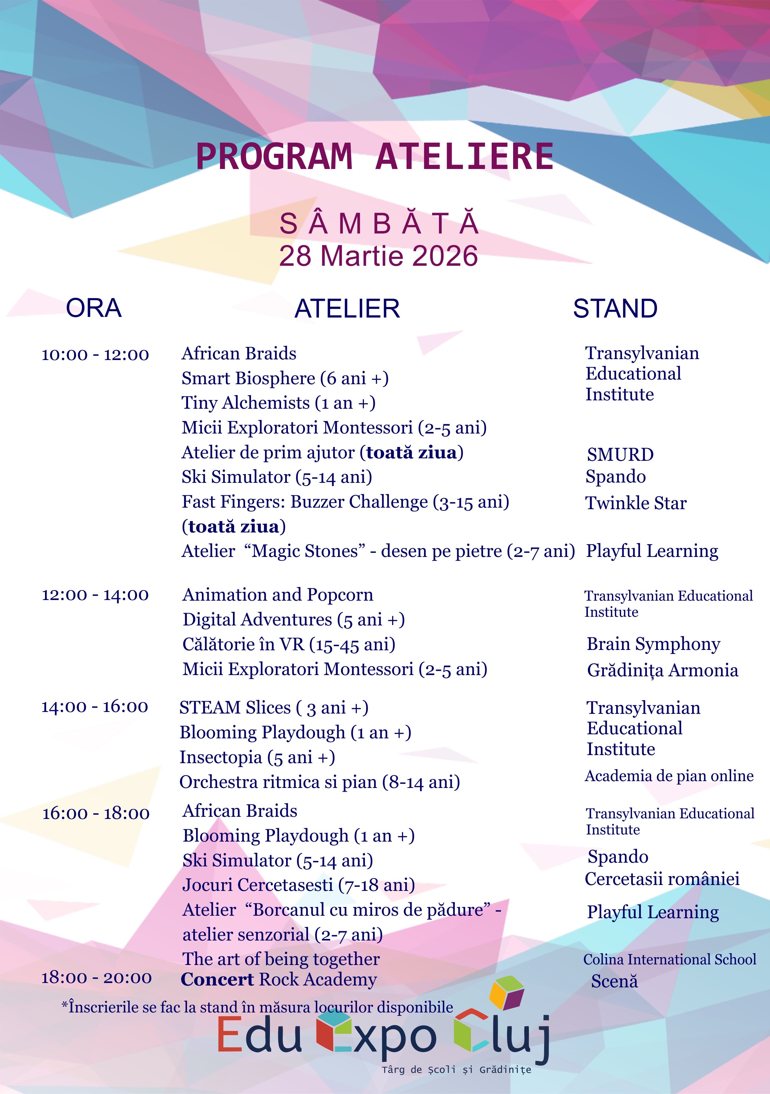 Program Ateliere - Sambata 28 Martie
