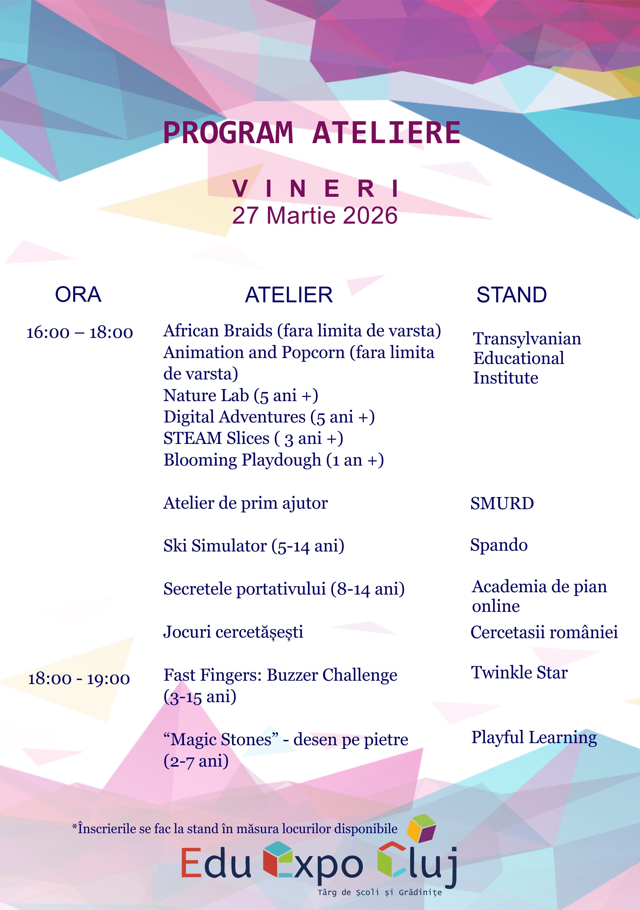 Program Ateliere - Vineri 27 Martie